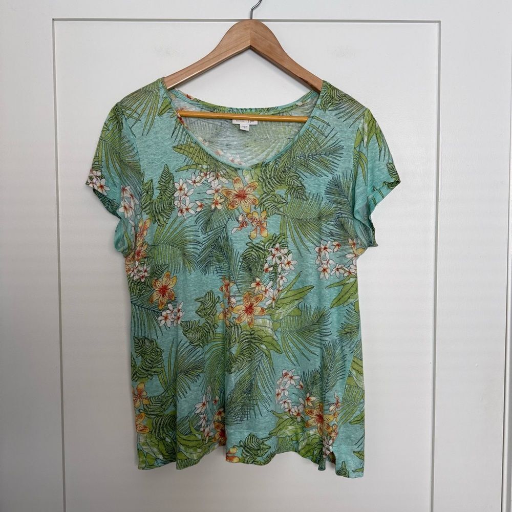 J Jill Love Linen Top Womens Sz M Green Floral Short Sleeve Tropical Resort